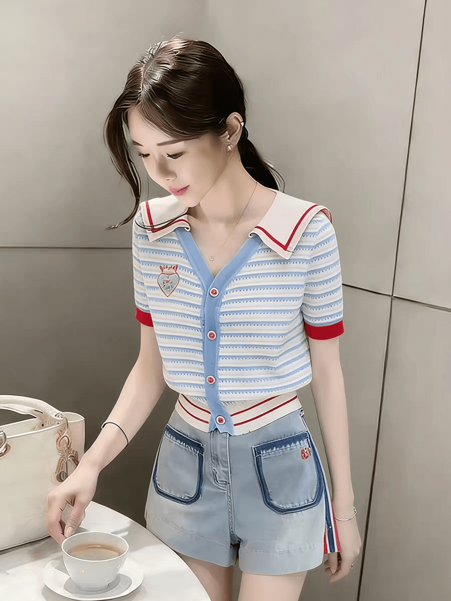 학원 스타일 패치워크 해군 칼라 스트라이프 니트 오픈 가디건 여성 여름 반팔 디자인 센스 작은 키 다용도 슬림해 보이는 맨위 상세 이미지 5
