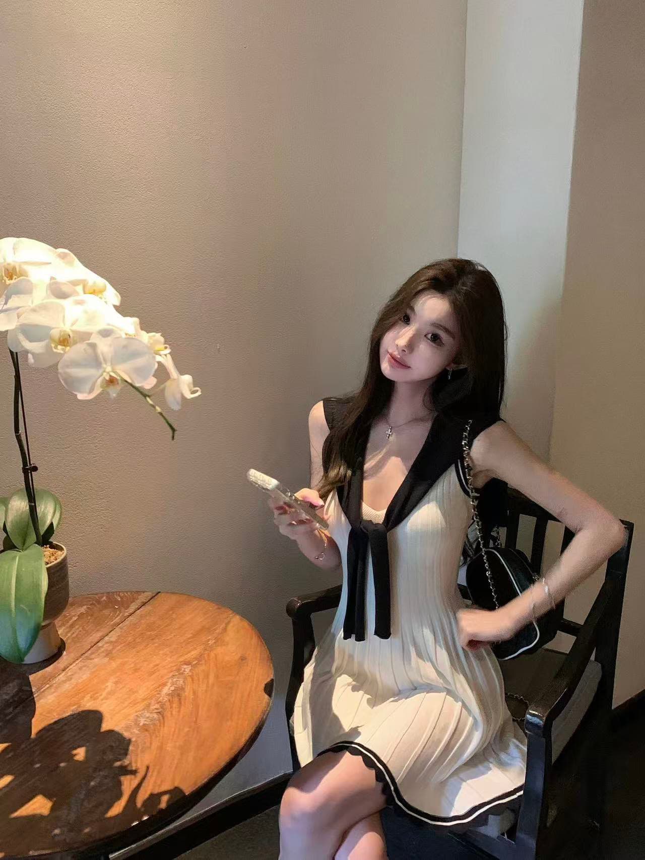한 부서 통기성 배색 숄 드레스 투피스 세트 여름 드레스 상세 이미지 2