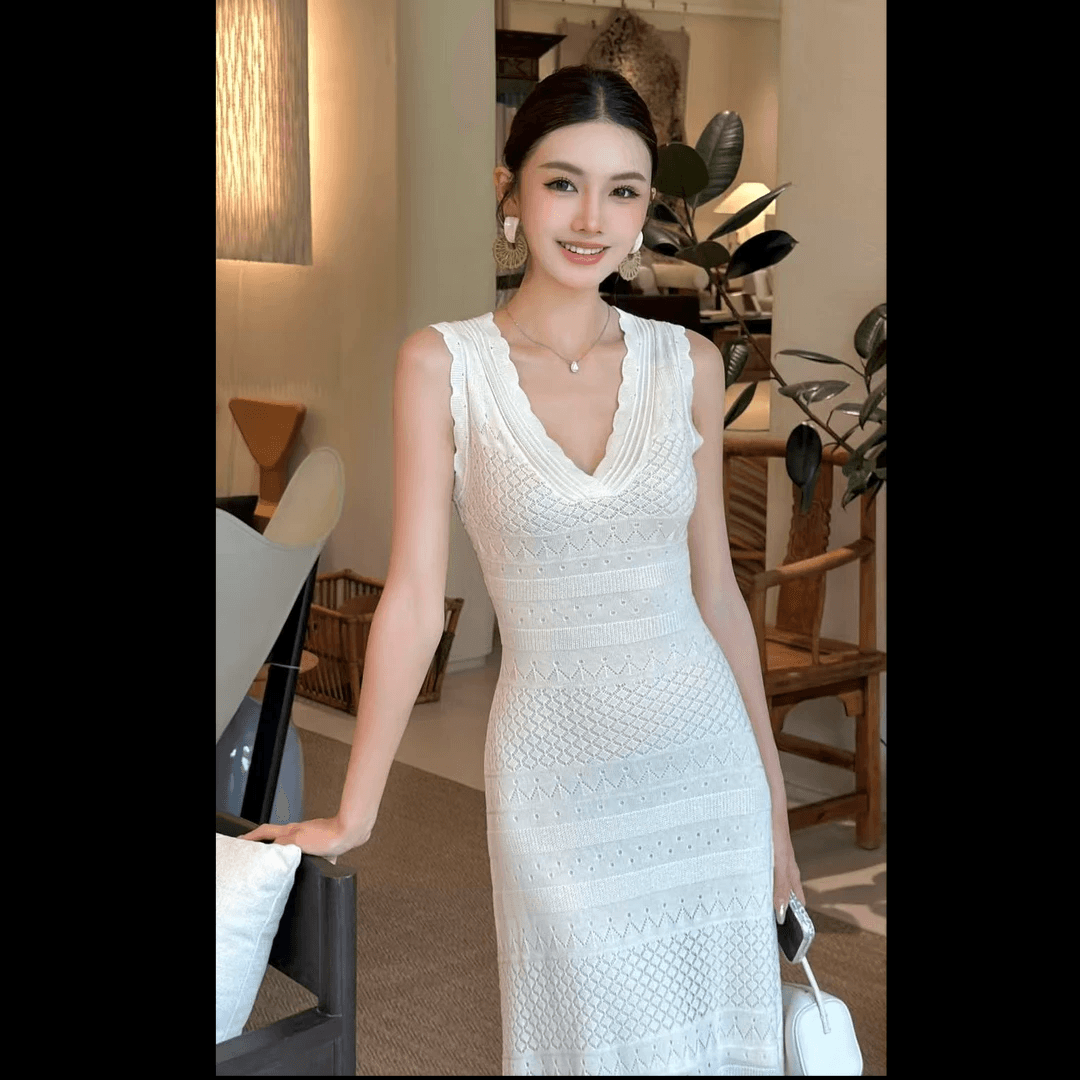 생방송 폭발 흑인과 백인 캄파넬라 세과 2026 여름 품격 홀로우 아웃 자카드 질감 센스 얼음 실크 니트 허리 수축 드레스 상세 이미지 2