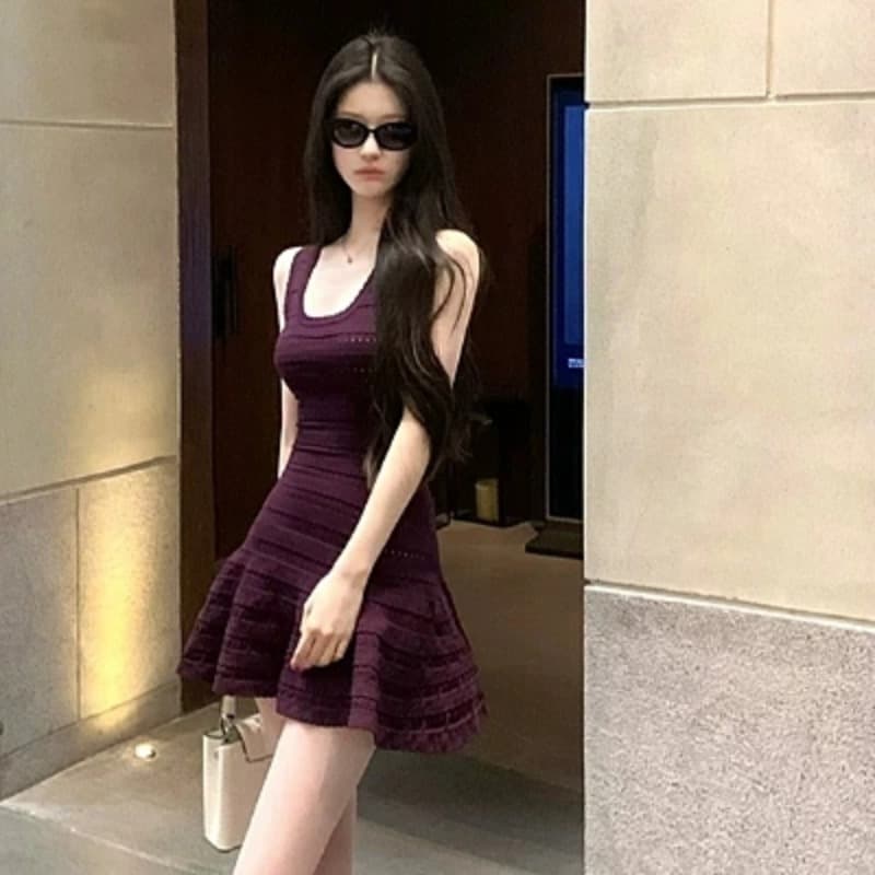 2026 한 부서 녹색 u 칼라 홀로우 아웃 민소매 조끼 여성 드레스 여름 허리 수축 슬림해 보이는 한 마디 미니 스커트 이미지 5