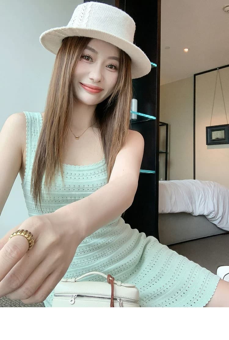 2026 한 부서 녹색 u 칼라 홀로우 아웃 민소매 조끼 여성 드레스 여름 허리 수축 슬림해 보이는 한 마디 미니 스커트 상세 이미지 9