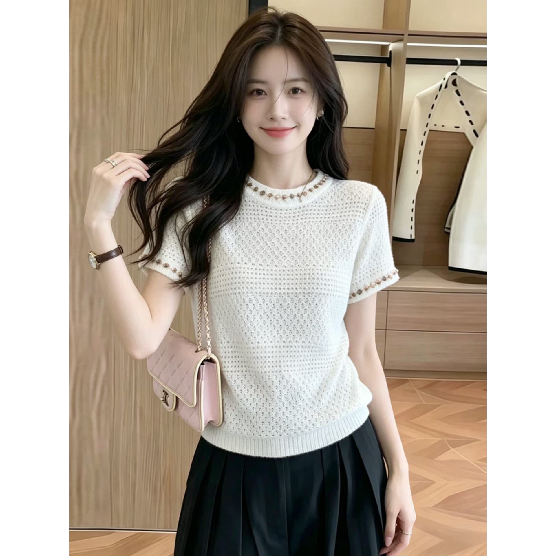 달빛 보물 상자 여름 단색 홀로우 아웃 색상 비즈 박기 반팔 니트 맨위 이미지 5