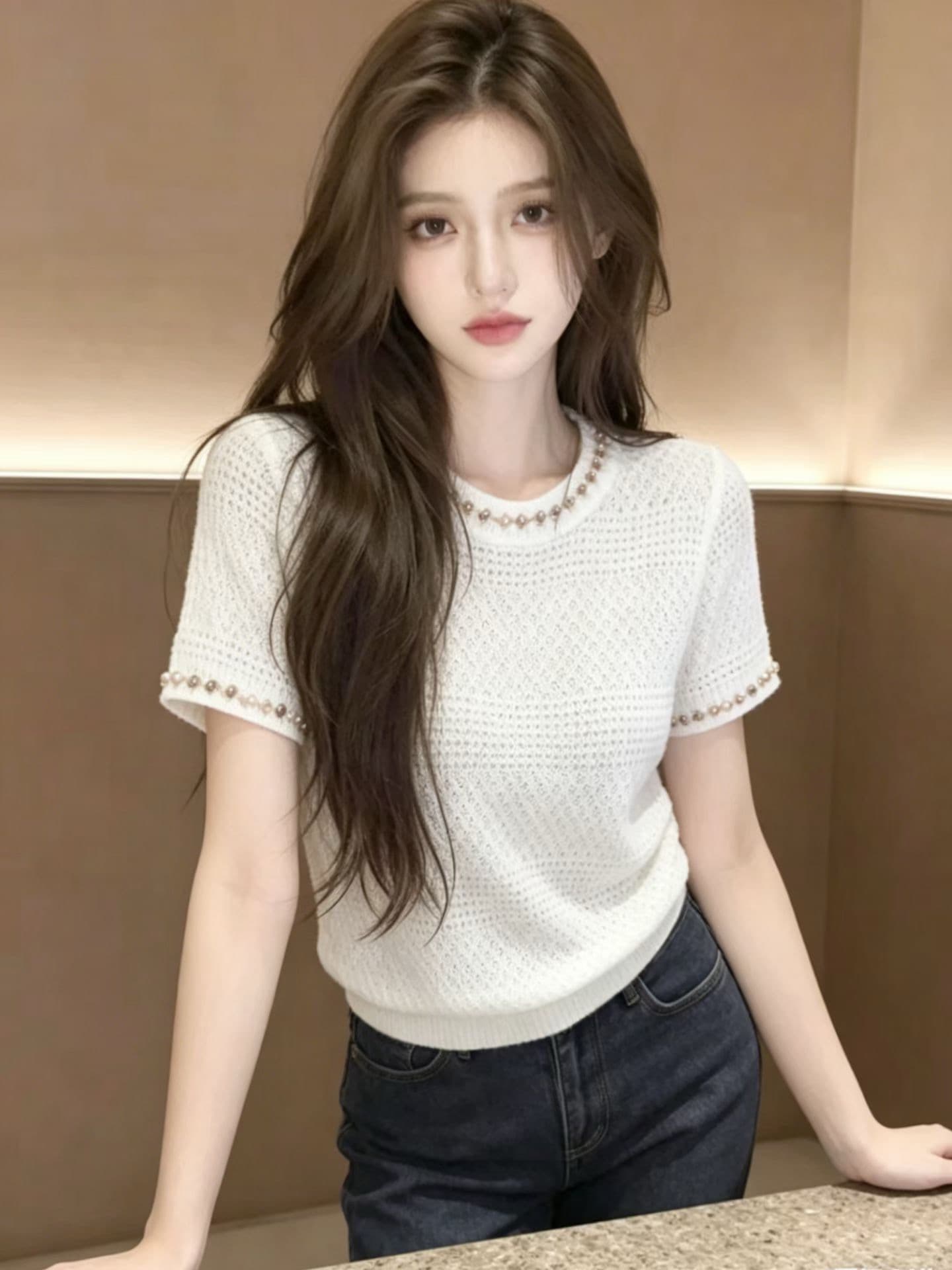 달빛 보물 상자 여름 단색 홀로우 아웃 색상 비즈 박기 반팔 니트 맨위 상세 이미지 3