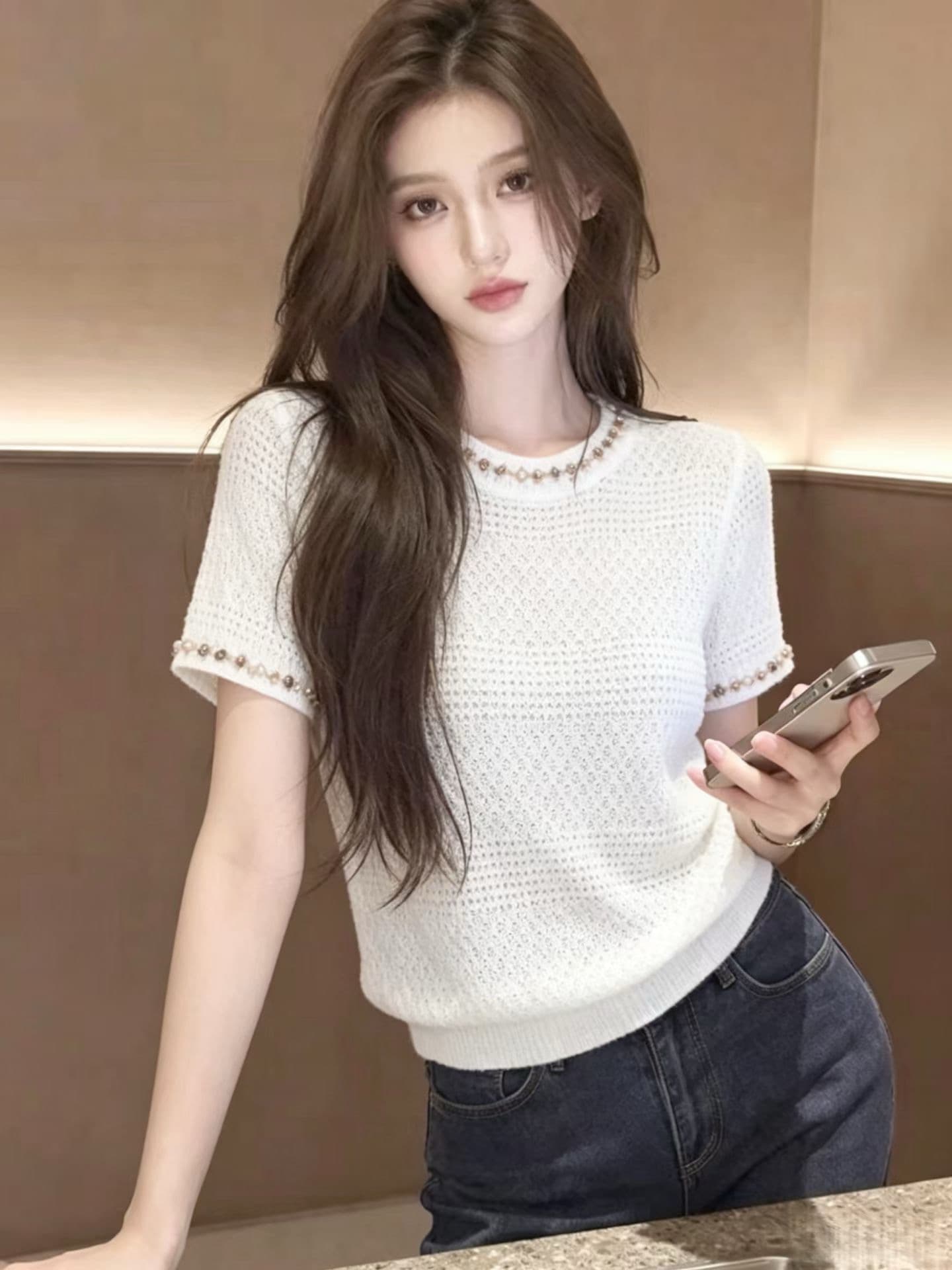 달빛 보물 상자 여름 단색 홀로우 아웃 색상 비즈 박기 반팔 니트 맨위 상세 이미지 5