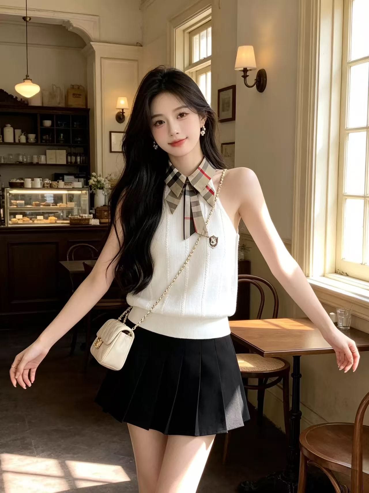한 부서 핫걸 바람 패션 디자인 센스 체크무늬 폴로 칼라 행침 목 니트 조끼 몸매 가꾸기 민소매 출퇴근 맨위 여름