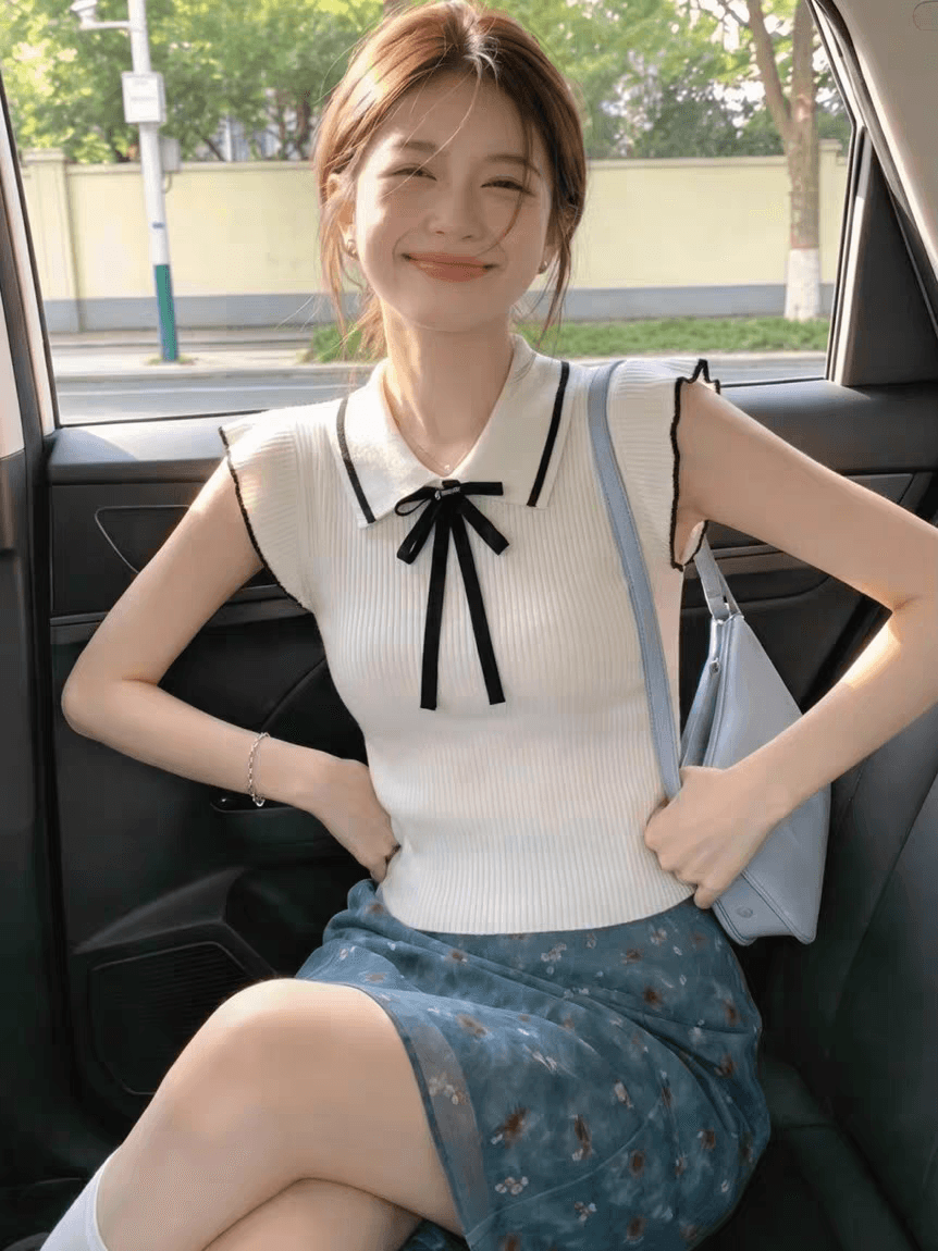 배색 나비 매듭 작은 날다 소매 짠 셔츠 여성 여름 새로운 품격 부드러운 작은 대중 맨위 상세 이미지 2