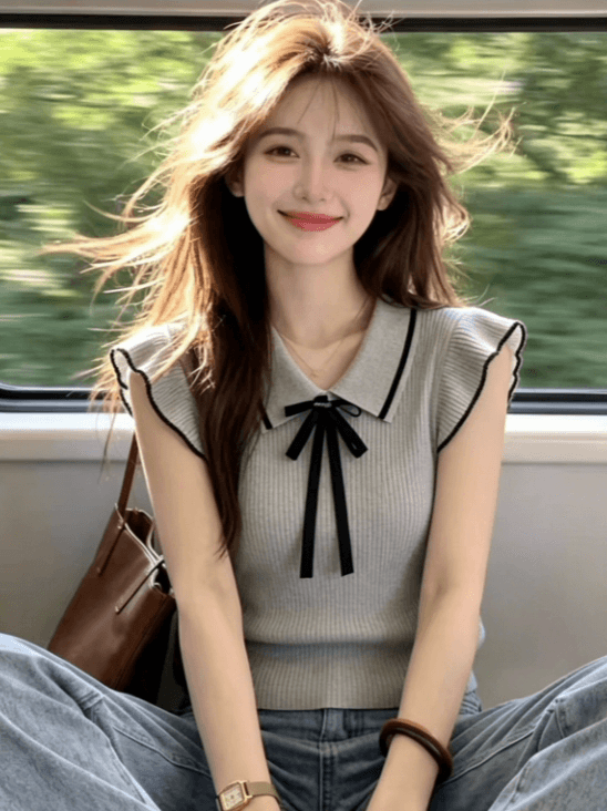 배색 나비 매듭 작은 날다 소매 짠 셔츠 여성 여름 새로운 품격 부드러운 작은 대중 맨위 상세 이미지 3
