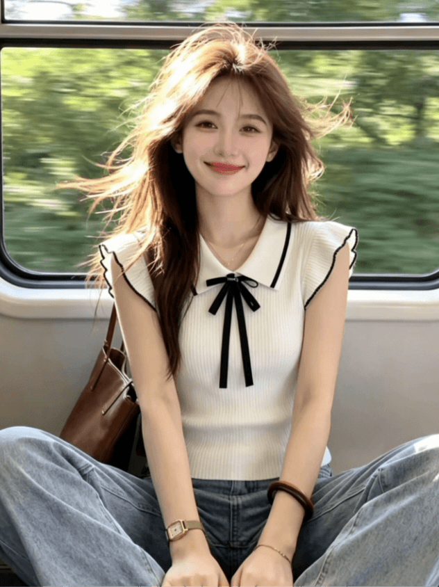 배색 나비 매듭 작은 날다 소매 짠 셔츠 여성 여름 새로운 품격 부드러운 작은 대중 맨위 상세 이미지 4