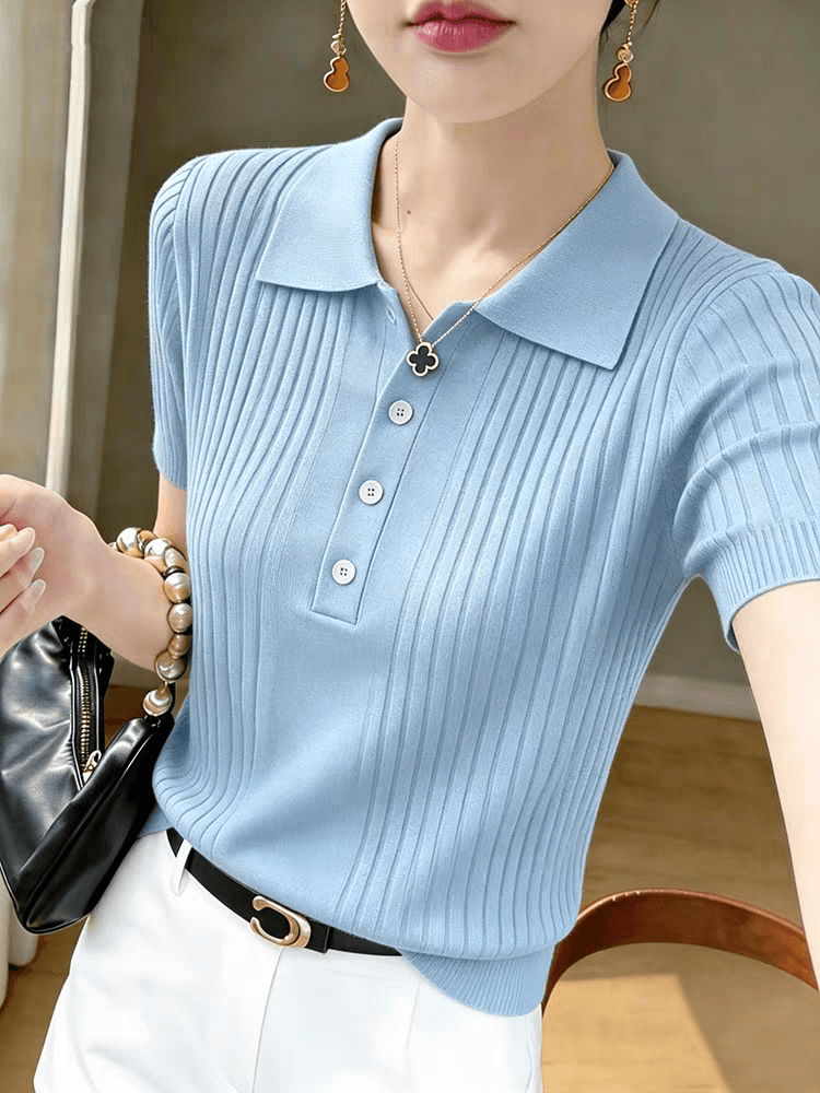 여름 새로운 POLO 칼라 니트 반팔 티셔츠 품격 슬림해 보이는 오래된 돈 바람 니트 스웨터 기본 셔츠