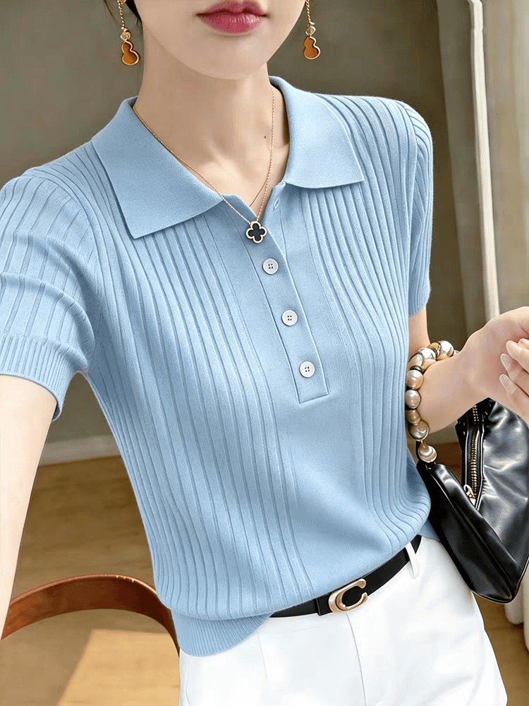 여름 새로운 POLO 칼라 니트 반팔 티셔츠 품격 슬림해 보이는 오래된 돈 바람 니트 스웨터 기본 셔츠 상세 이미지 2