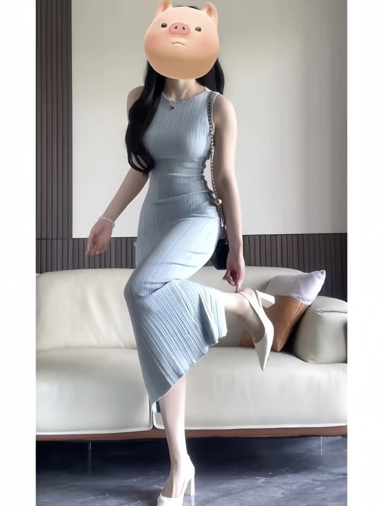 파란색 한 부서 품격 니트 조끼 여성 드레스 여름 고급 센스 고유 한 아름다운 몸매 가꾸기 타이트 스커트 길다 치마 상세 이미지 3