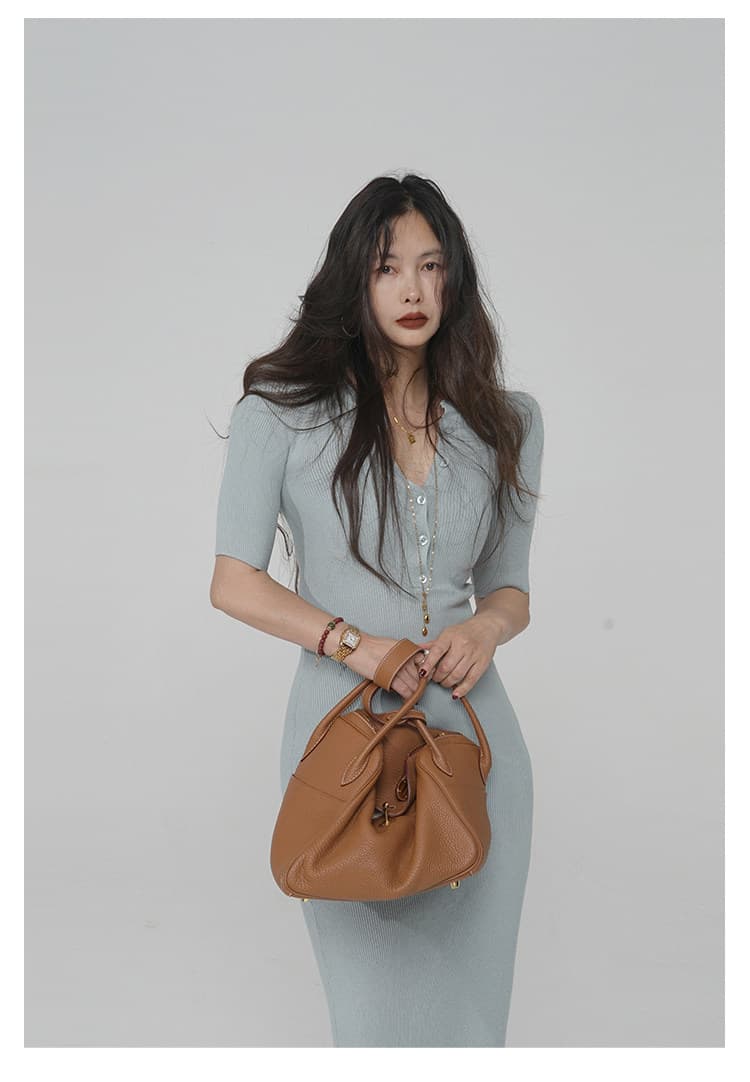 라운드 넥 polo 과립 버클 중간 소매 몸 타이트 스커트 슬림해 보이는 품격 드레스 여름 상세 이미지 26