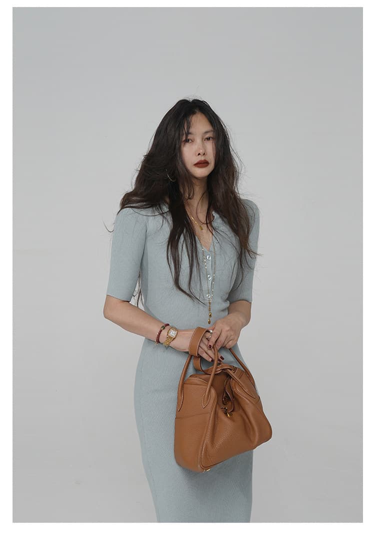 라운드 넥 polo 과립 버클 중간 소매 몸 타이트 스커트 슬림해 보이는 품격 드레스 여름 상세 이미지 32