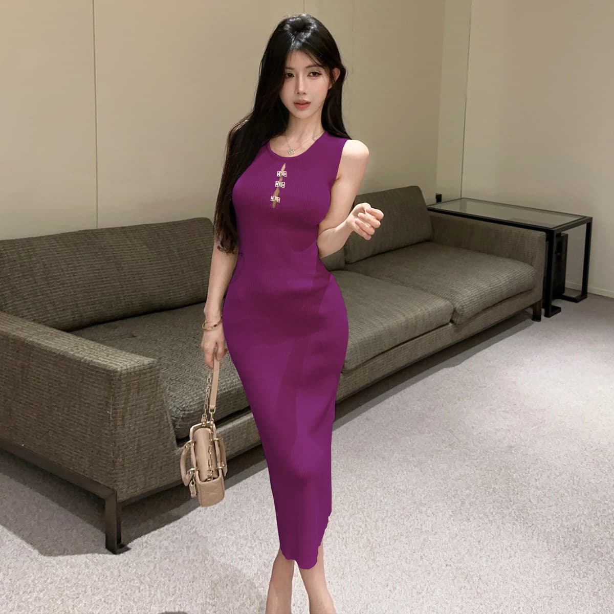 프랑스식 섹시함 홀로우 아웃 라운드 넥 니트 드레스 하이웨이스트 패션 몸매 가꾸기 슬림해 보이는 민소매 중간 길이 타이트 스커트 조끼 스커트 상세 이미지 9