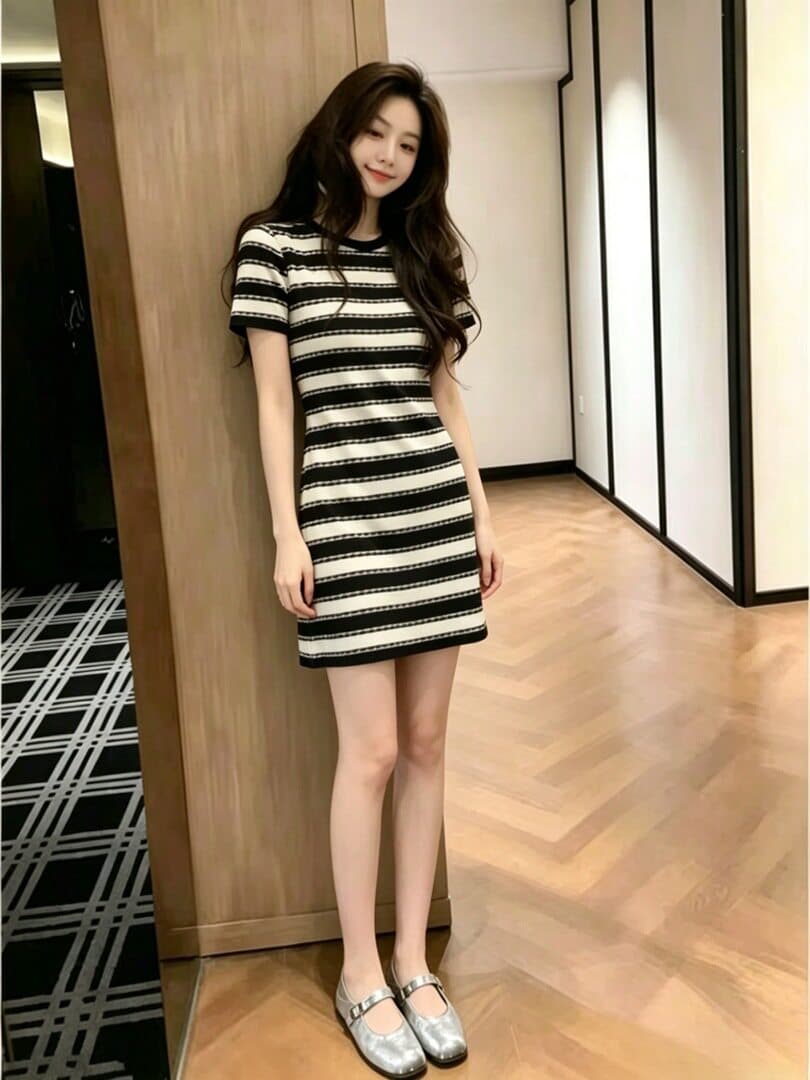 프랑스식 느긋한 센스 스트라이프 반팔 니트 드레스 2026 여름 새로운 작은 키 미니멀리즘 캐주얼 스트레이트 치마 여성 상세 이미지 5