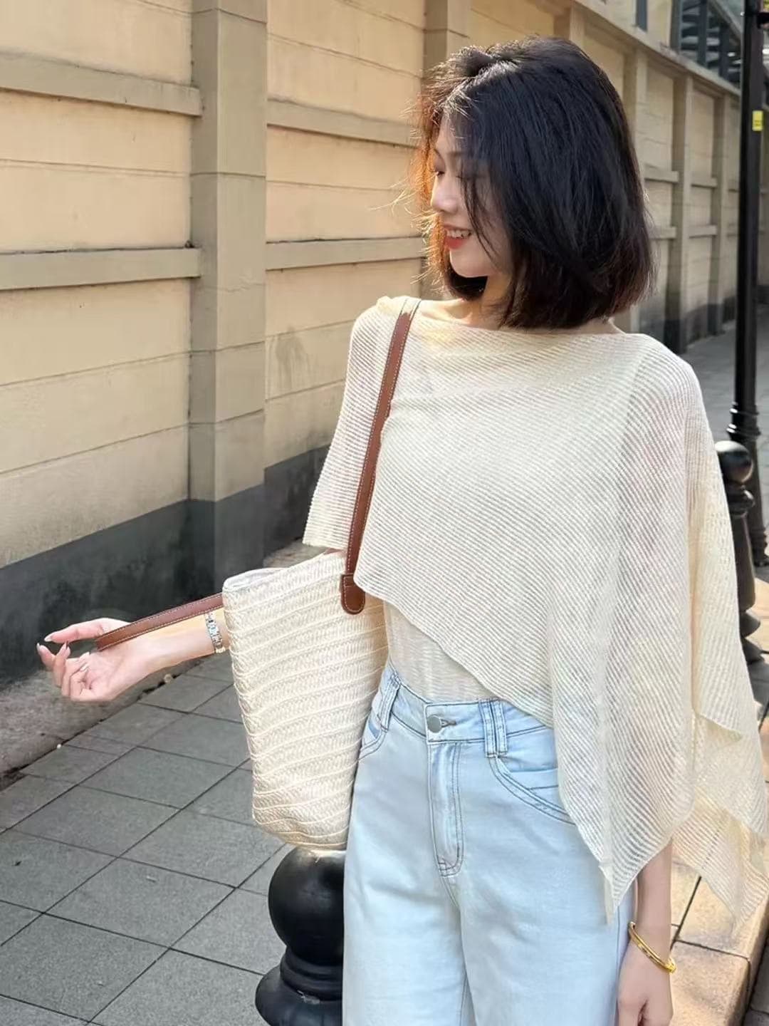 오래된 돈 바람 착용 가져 가라. 페이크 레이어드 얼음 실크 반팔 니트 스웨터 여성 여름 루즈핏 얇고 가벼운 통기성 망토 숄 맨위 상세 이미지 2