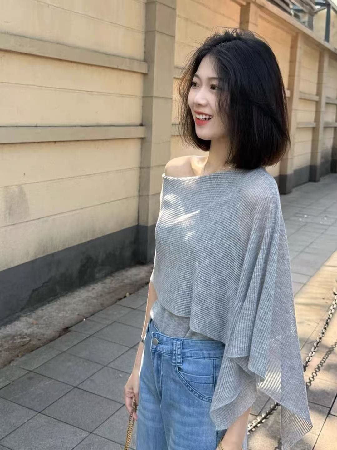 오래된 돈 바람 착용 가져 가라. 페이크 레이어드 얼음 실크 반팔 니트 스웨터 여성 여름 루즈핏 얇고 가벼운 통기성 망토 숄 맨위 상세 이미지 4