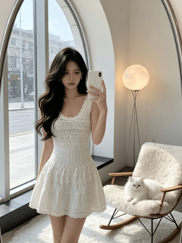 슈 후 새싹 첫사랑 작은 흰색 꽃 순수한 욕망 바람 니트 홀로우 아웃 민소매 드레스 쇼트 스타일 허리 수축 몸매 가꾸기 A라인 스커트 상세 이미지 10