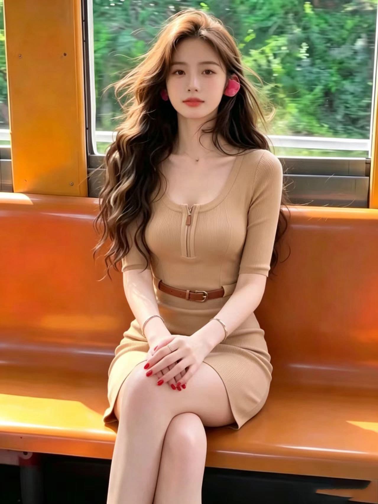 명문 여성 고급 센스 u 칼라 카키 색 니트 여성 드레스 여름 작은 키 품격 허리 수축 슬림해 보이는 타이트 스커트 미니 스커트 상세 이미지 7