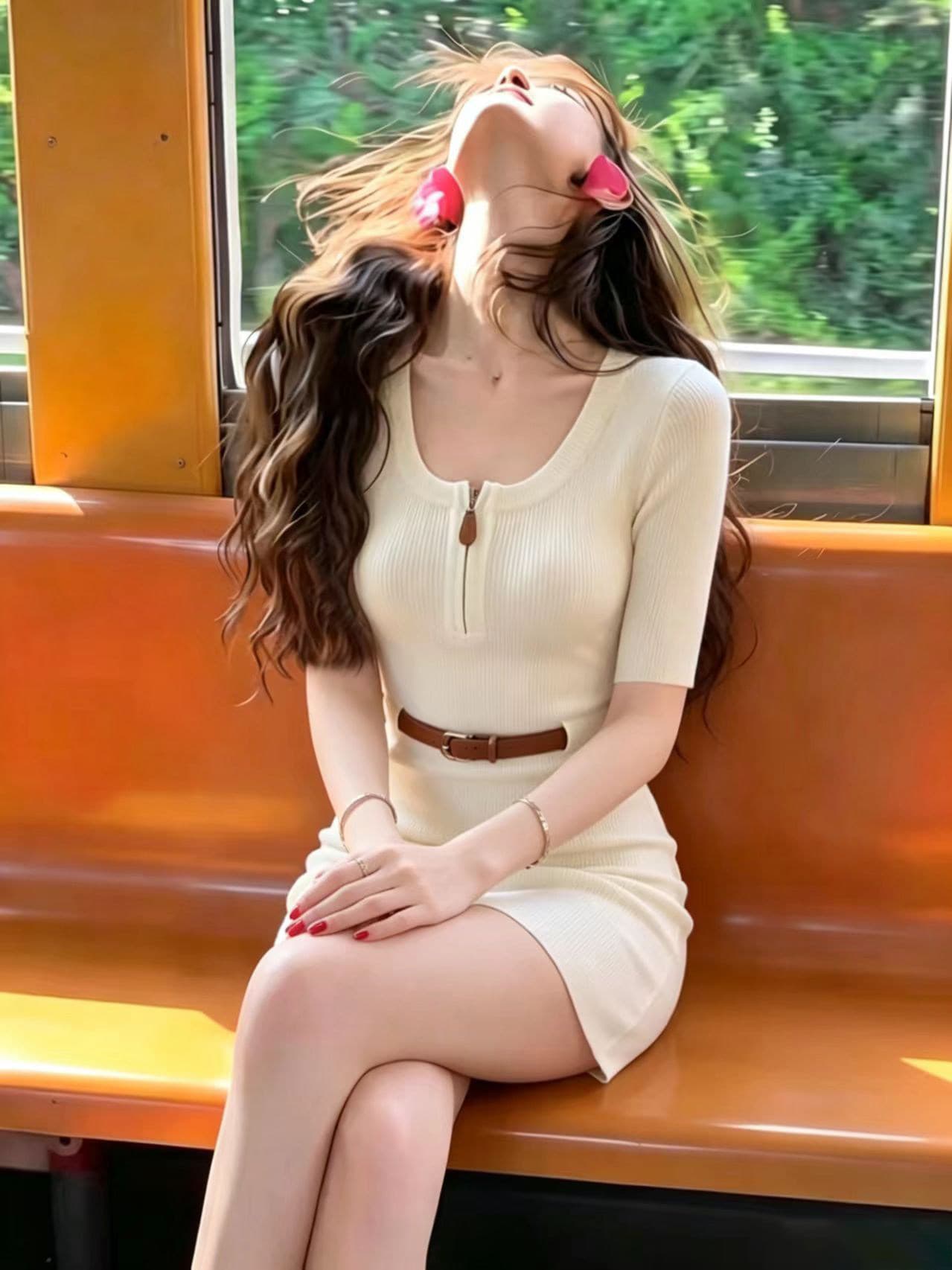 명문 여성 고급 센스 u 칼라 카키 색 니트 여성 드레스 여름 작은 키 품격 허리 수축 슬림해 보이는 타이트 스커트 미니 스커트 상세 이미지 11
