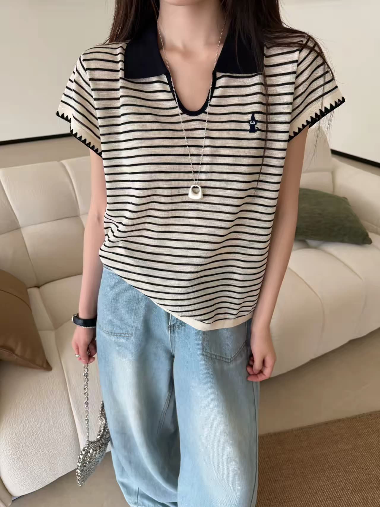 한 부서 새로운 새끼 고양이 자수 배색 가위 칼라 니트 스트라이프 반팔 여성 여름 루즈핏 다용도 슬림해 보이는 맨위