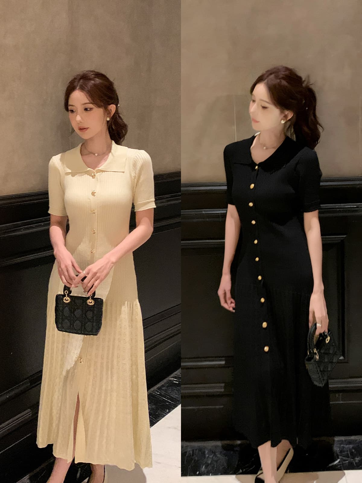 POLO 칼라 긍정적 인 어깨 허리 수축 슬림해 보이는 얼음 실크 드레스