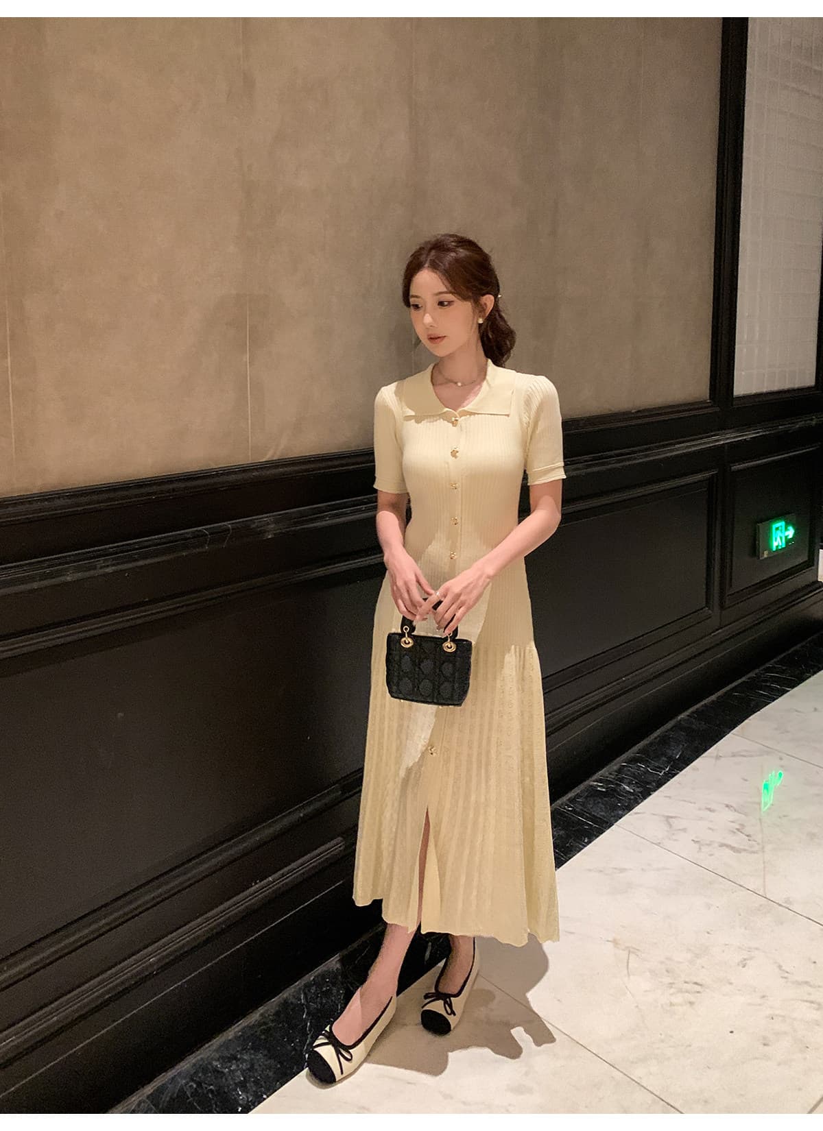 POLO 칼라 긍정적 인 어깨 허리 수축 슬림해 보이는 얼음 실크 드레스 상세 이미지 10