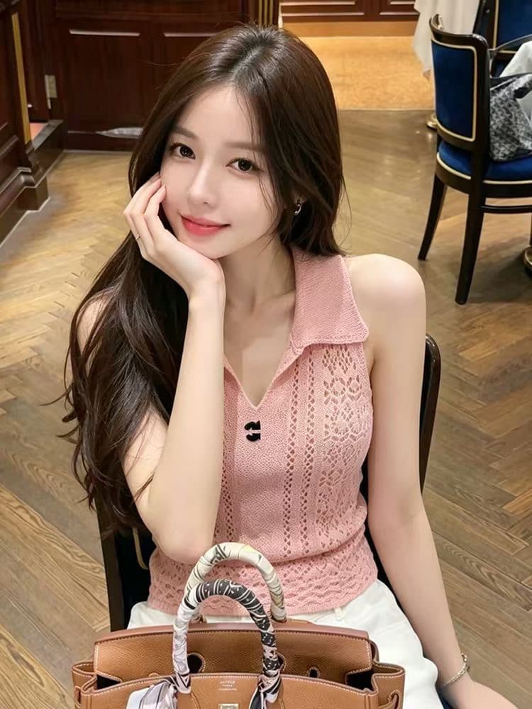 복숭아 분말 홀로우 아웃 POLO 칼라 니트 조끼 슈퍼 잘 생긴 부드러운 바람 연령 감소 민소매 맨위 여성 상세 이미지 9