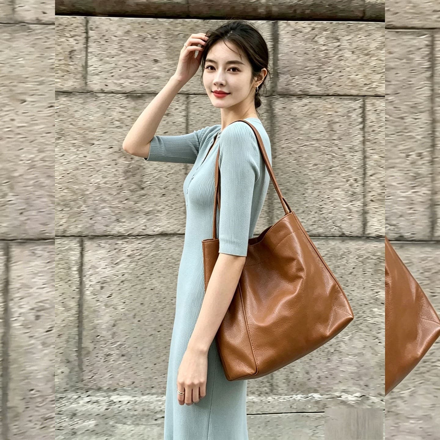 빛 요리 한 미니멀리즘 바람 V넥 니트 여성 드레스 여름 새로운 고급 센스 파란색 중간 길이 허리 수축 타이트 스커트 이미지 3
