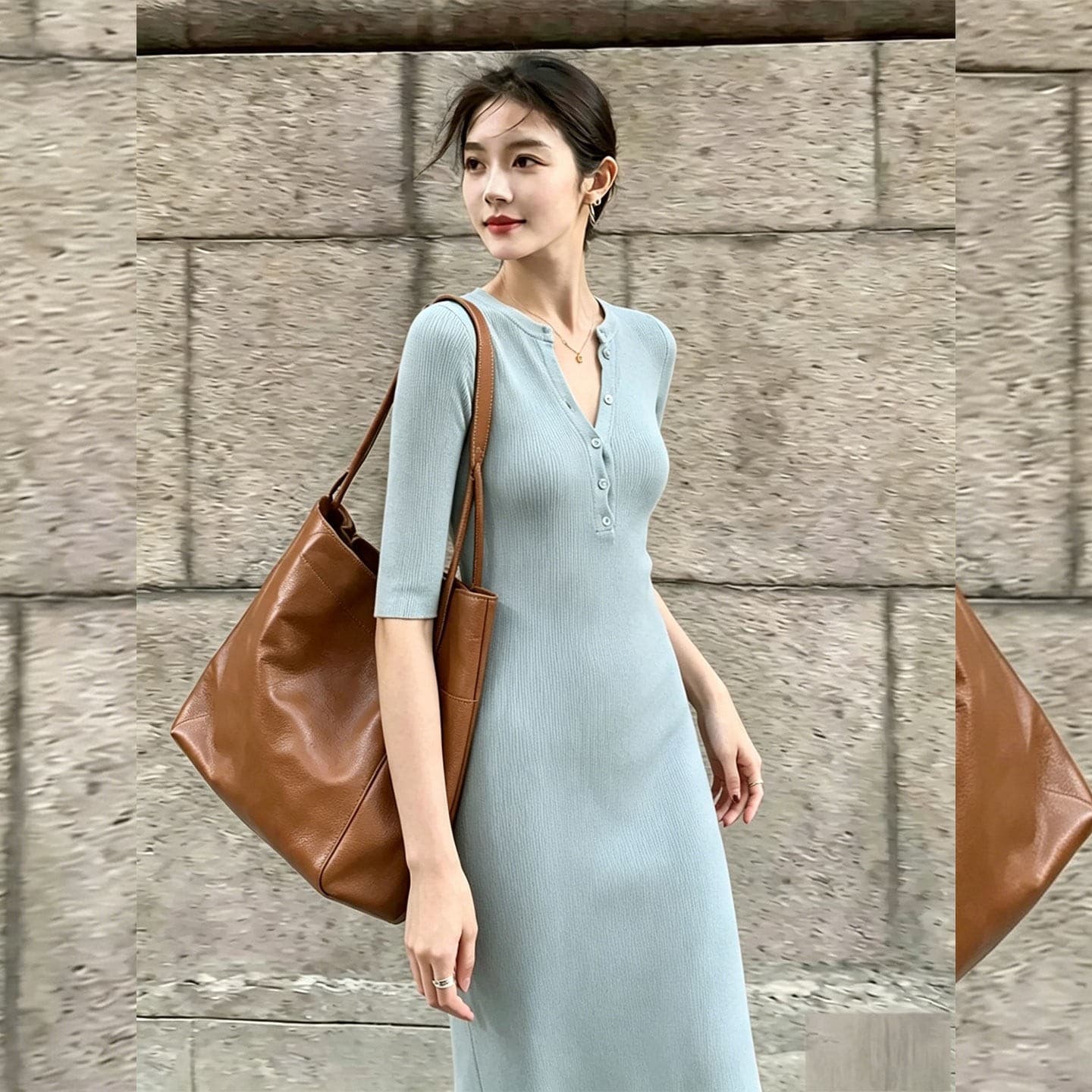 빛 요리 한 미니멀리즘 바람 V넥 니트 여성 드레스 여름 새로운 고급 센스 파란색 중간 길이 허리 수축 타이트 스커트 상세 이미지 10