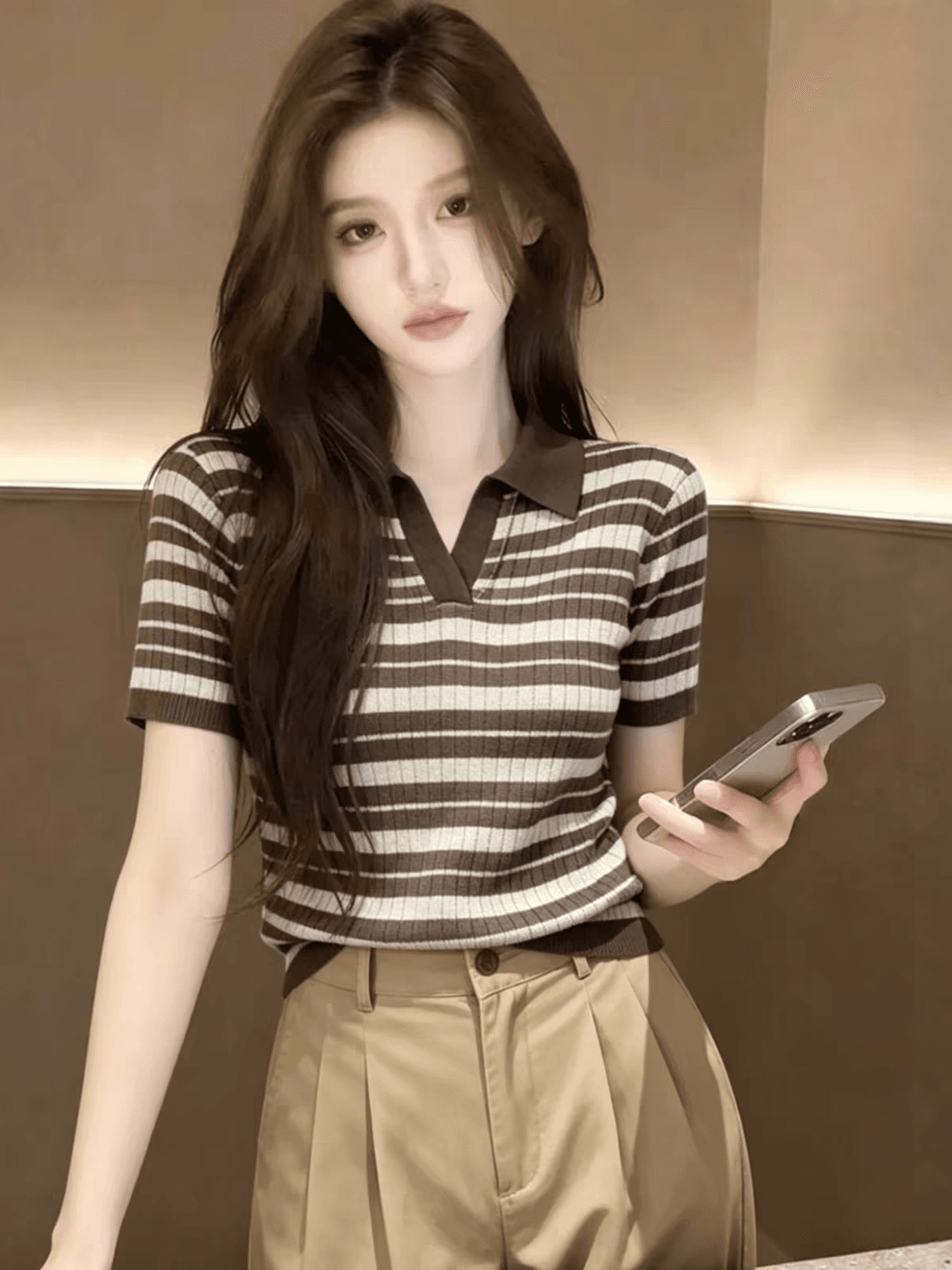 배색 스트라이프 POLO 칼라 얇은 스타일 니트 스웨터 여자 2026 새로운 여름 고유 한 아름다운 니트 반팔 맨위