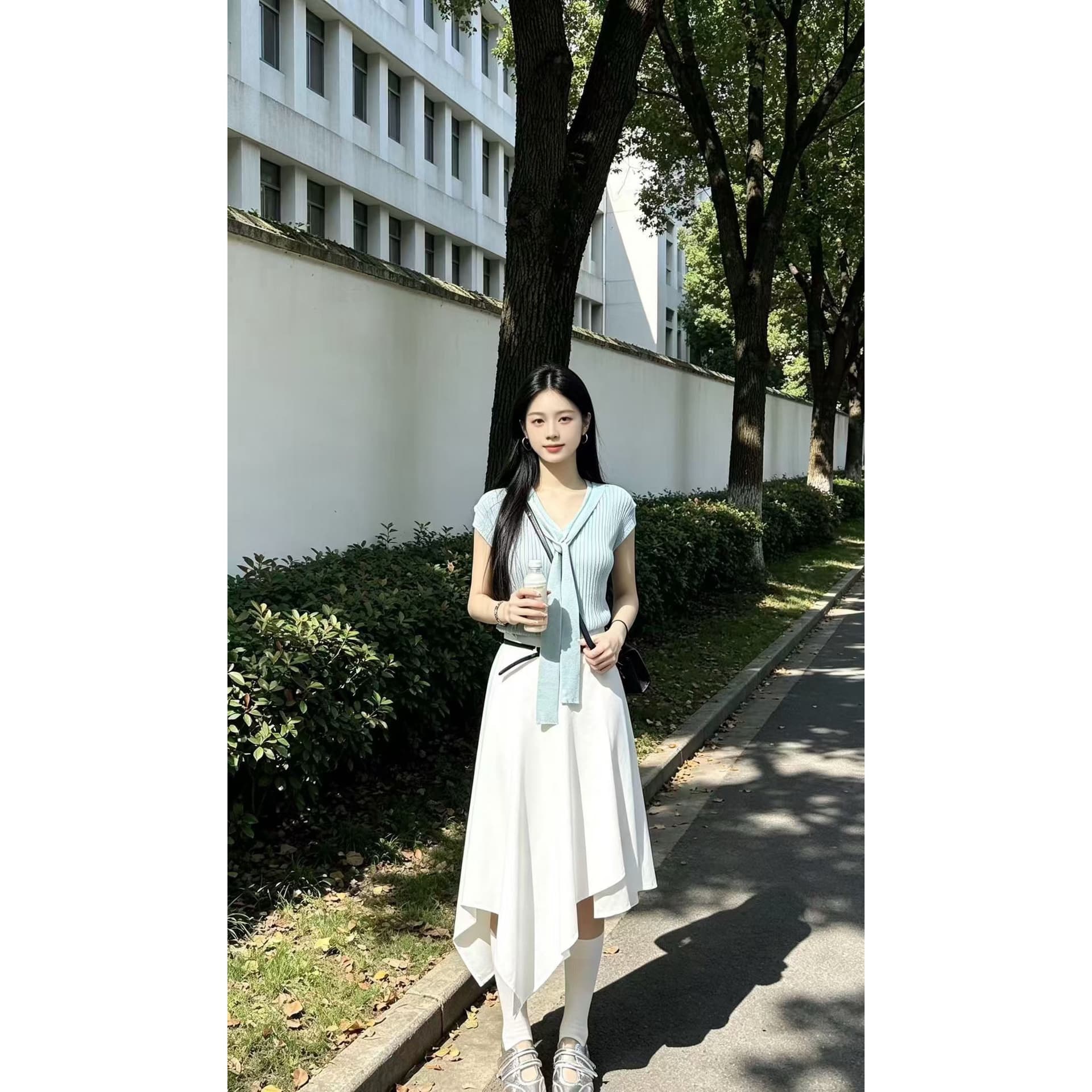 새로운 리본 V넥 니트 스웨터 풀오버 털 셔츠 몸매 가꾸기 맨위 여성 이미지 5