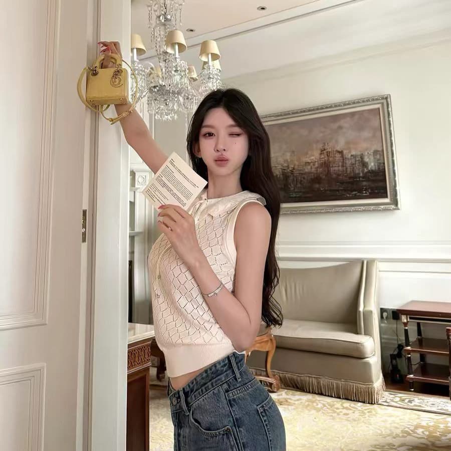 안녕하세요. 팬 팬 fall in d1or 모직물 자카드 프릴 칼라 레이스업 스트라이프 민소매 니트 맨위 이미지 5
