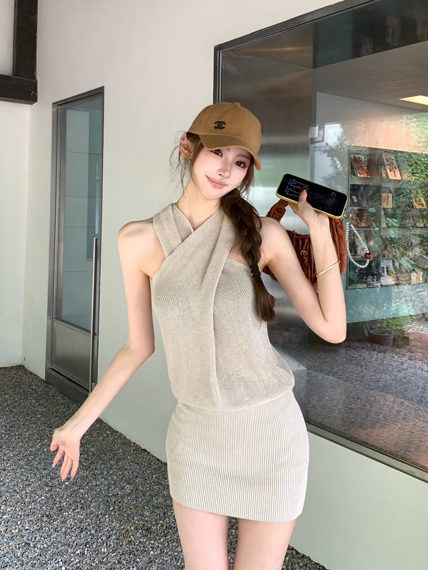 살구 색상 십자가 행침 목 니트 여성 드레스 여름 순수한 욕망 고급 센스 작은 대중 Chic 슈퍼 잘 생긴 타이트 스커트 미니 스커트 이미지 3