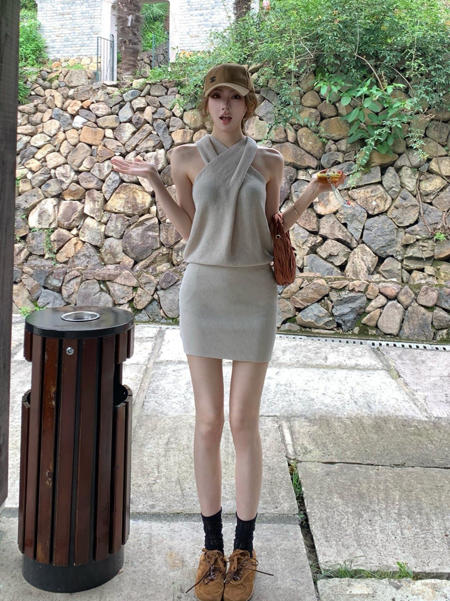 살구 색상 십자가 행침 목 니트 여성 드레스 여름 순수한 욕망 고급 센스 작은 대중 Chic 슈퍼 잘 생긴 타이트 스커트 미니 스커트 상세 이미지 2