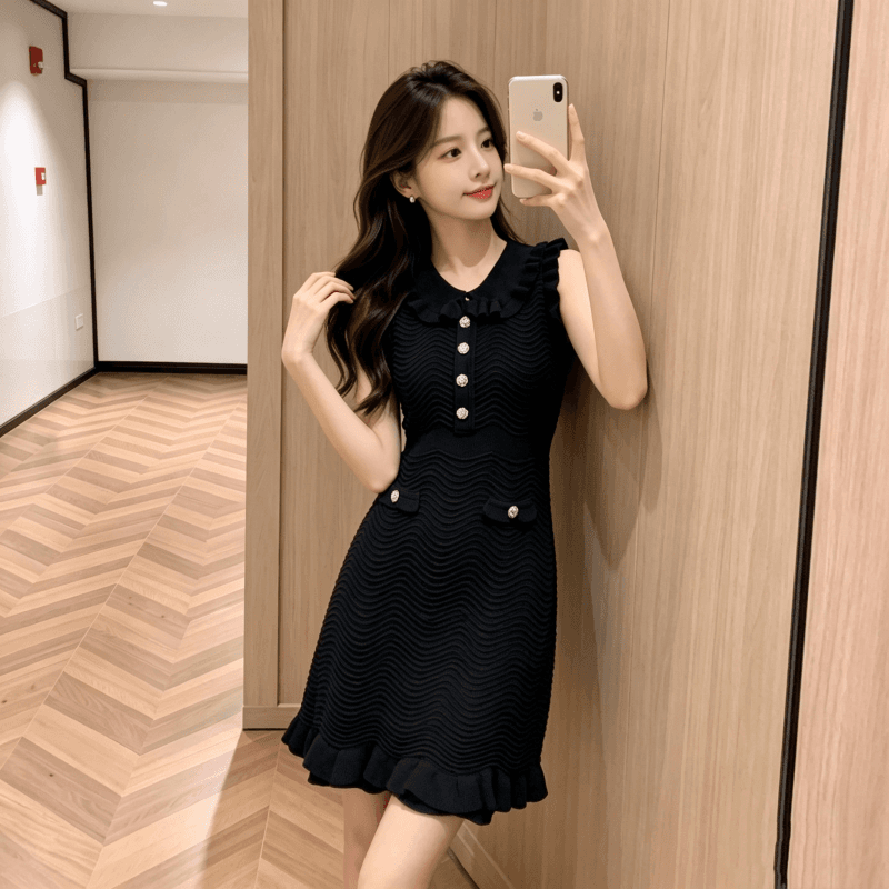 천 골드 명문 여성 바람 2026 여름 민소매 물결무늬 곡물 프릴 베이비 칼라 인어 꼬리 니트 조끼 여성 드레스 상세 이미지 4