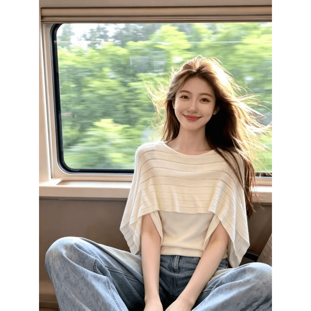 2026 연령 감소 여름 한 스타일 느긋한 바람 홀로우 아웃 니트 스웨터 숄 페이크 레이어드 프로 피부 통기성 슬림해 보이는 맨위 이미지 5