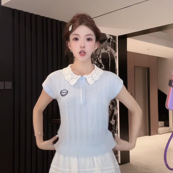 여름 한 부서 베이비 칼라 홀로우 아웃 니트 작은 날다 소매 여성 하프 지퍼 자수 슬림해 보이는 다용도 연령 감소 품격 맨위 상세 이미지 1