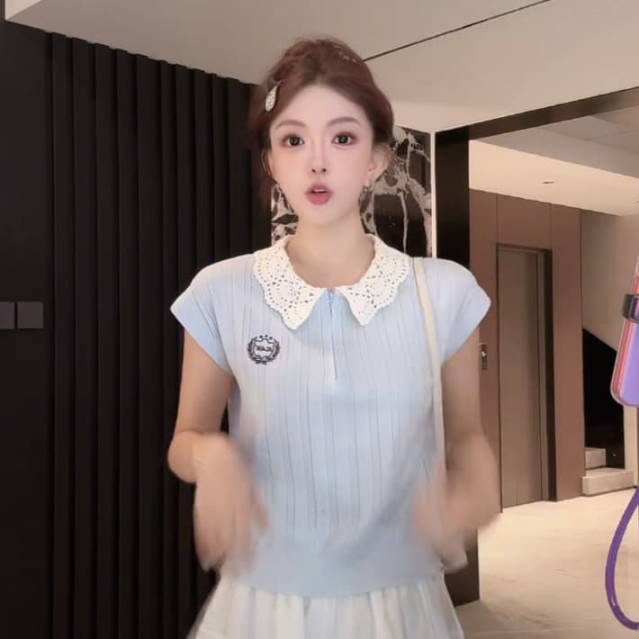 여름 한 부서 베이비 칼라 홀로우 아웃 니트 작은 날다 소매 여성 하프 지퍼 자수 슬림해 보이는 다용도 연령 감소 품격 맨위 상세 이미지 2