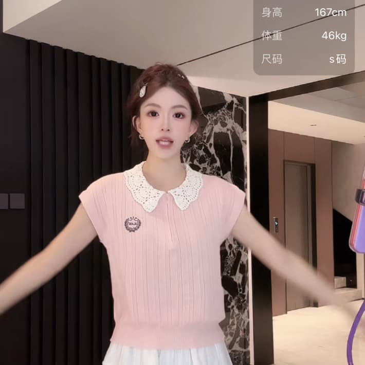 여름 한 부서 베이비 칼라 홀로우 아웃 니트 작은 날다 소매 여성 하프 지퍼 자수 슬림해 보이는 다용도 연령 감소 품격 맨위 상세 이미지 15