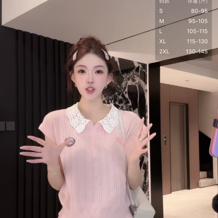 여름 한 부서 베이비 칼라 홀로우 아웃 니트 작은 날다 소매 여성 하프 지퍼 자수 슬림해 보이는 다용도 연령 감소 품격 맨위 상세 이미지 17