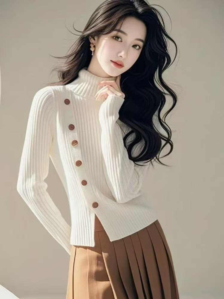 한 부서 chic 화이트 우유 fufu 터틀넥 작은 트임 니트 스웨터 여자 가을 겨울철 패션 작은 대중 Chic 맨위 상세 이미지 3