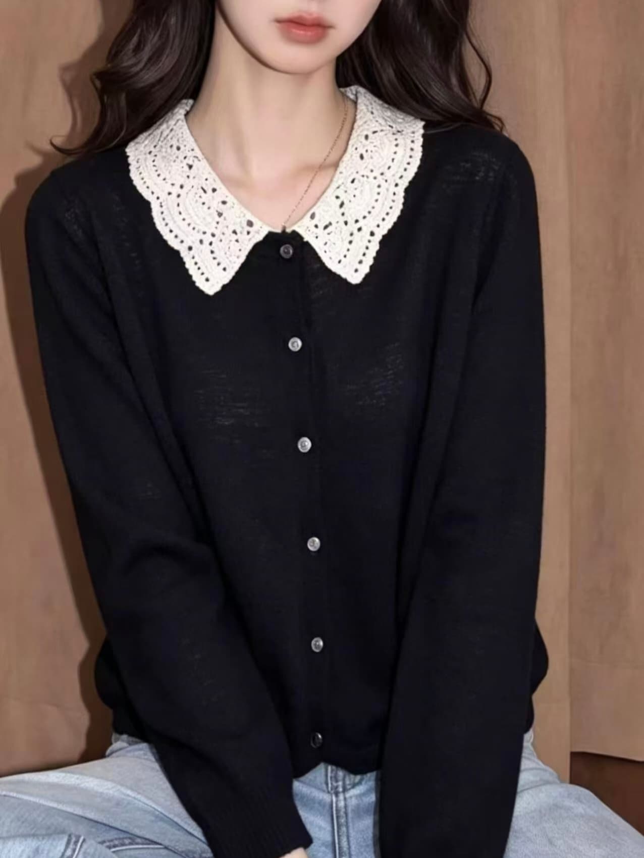2026 가을 새로운 프랑스식 부드러운 바람 레이스 폴로 칼라 니트 오픈 가디건 여성 얇은 스타일 얼음 실크 재킷 이미지 3