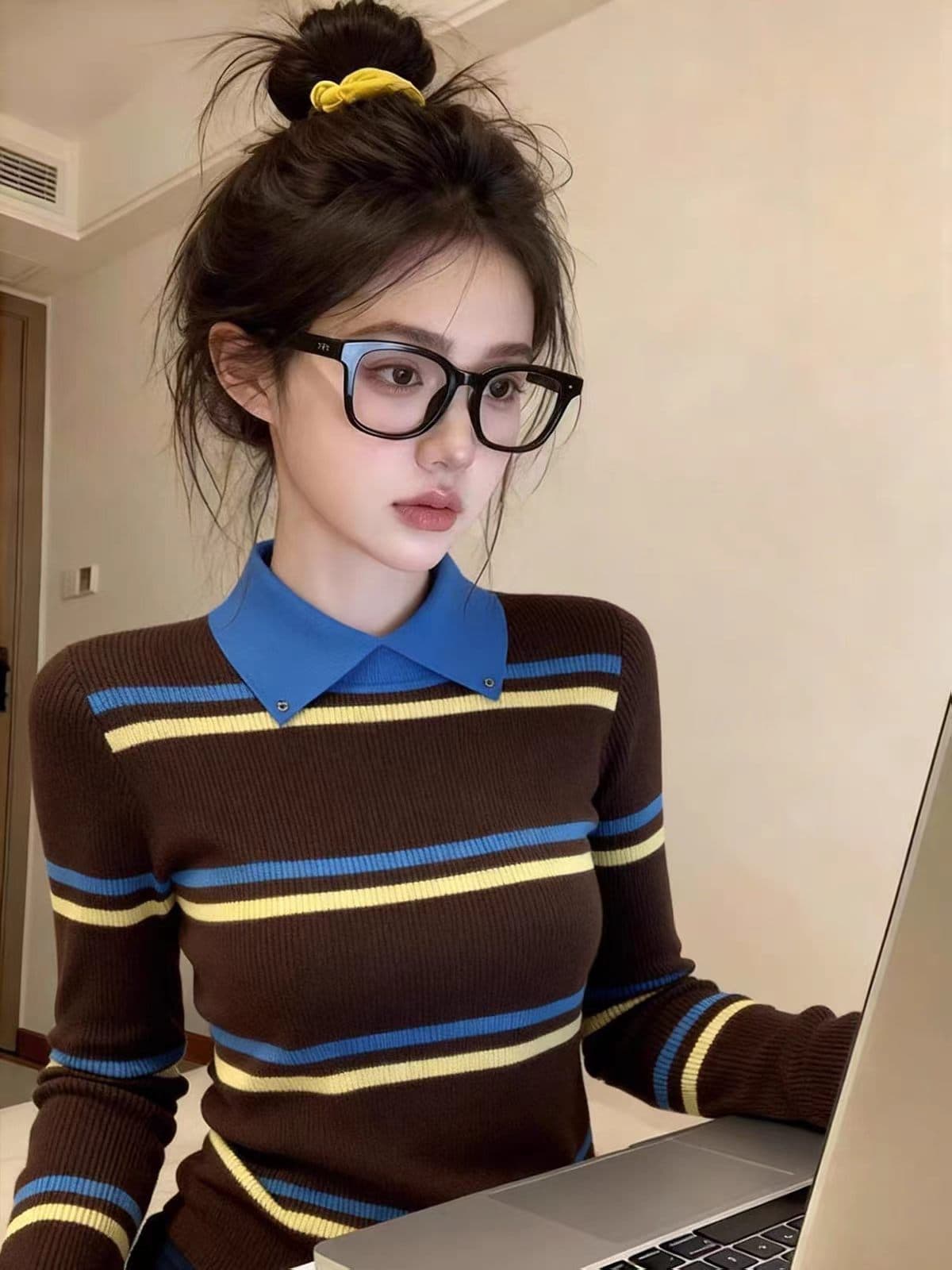 배색 스트라이프 페이크 레이어드 몸매 가꾸기 허리 수축 만나는 인사이드 가져 가라. 긴팔 티셔츠 여성 봄 2026 슈퍼 화재 연령 감소 맨위 상세 이미지 6