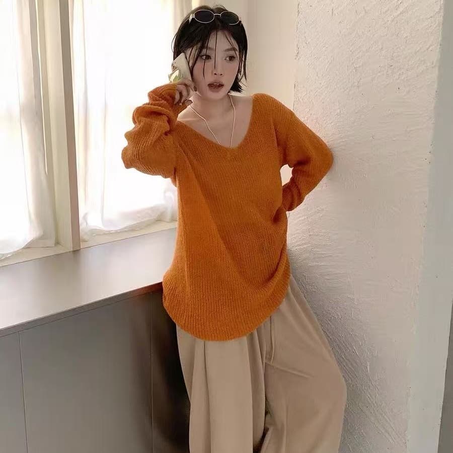 느긋한 바람 주황색 V넥 풀오버 스웨터 여자 가을 겨울 고급 센스 와이드 부드러운 찹쌀 만나는 니트 스웨터 아름다운 맨위 이미지 5