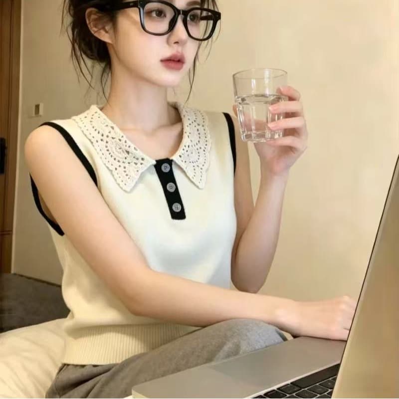한 부서 자수 홀로우 아웃 민소매 니트 조끼 여성 여름 새로운 부드러운 바람 다용도 맨위 이미지 5