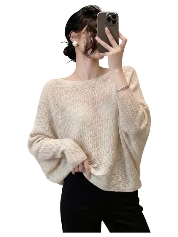 오트밀 색상 오프숄더 긴팔 털 니트 스웨터 여성 봄 가을 유럽 상품 불규칙 디자인 센스 배트윙 소매 인사이드 잡아라. 의류 이미지 4