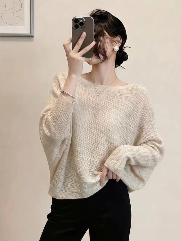 오트밀 색상 오프숄더 긴팔 털 니트 스웨터 여성 봄 가을 유럽 상품 불규칙 디자인 센스 배트윙 소매 인사이드 잡아라. 의류 상세 이미지 1
