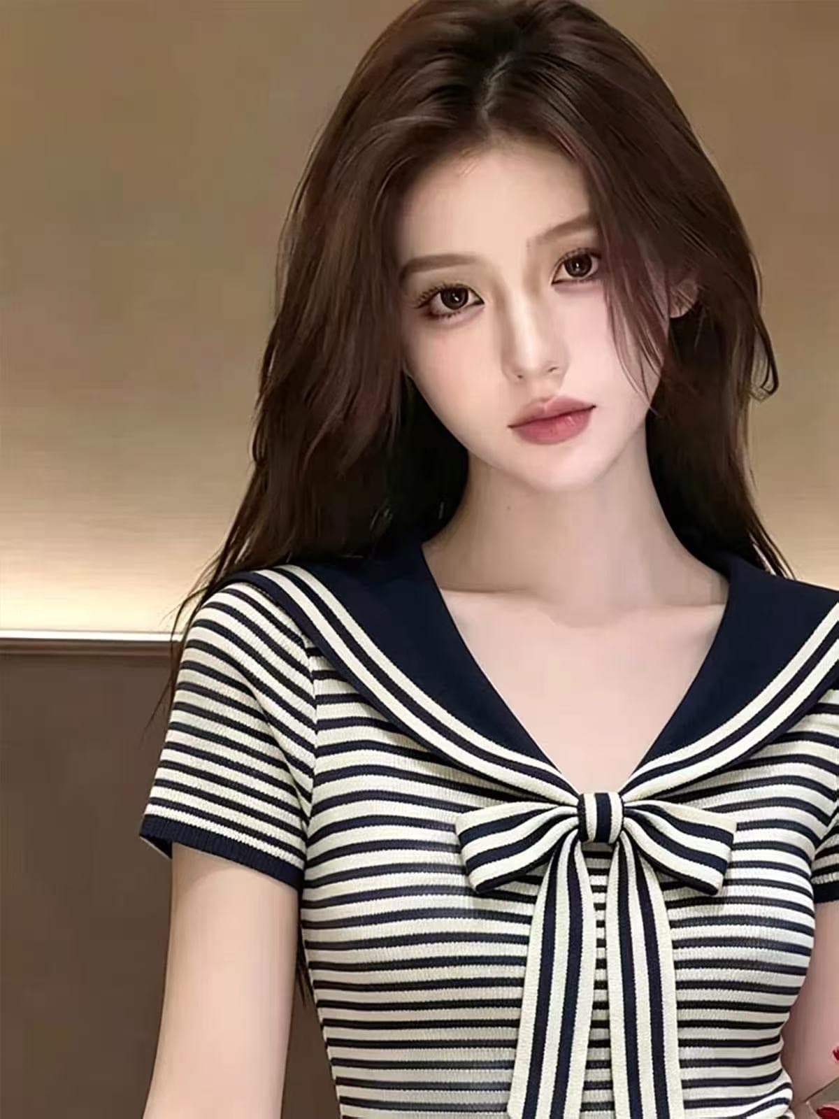 한 스타일 해군 스타일 나비 매듭 스트라이프 반팔 티셔츠 여성 여름 폴로 칼라 허리 수축 슬림해 보이는 연령 감소 다용도 맨위 트렌디 상세 이미지 2