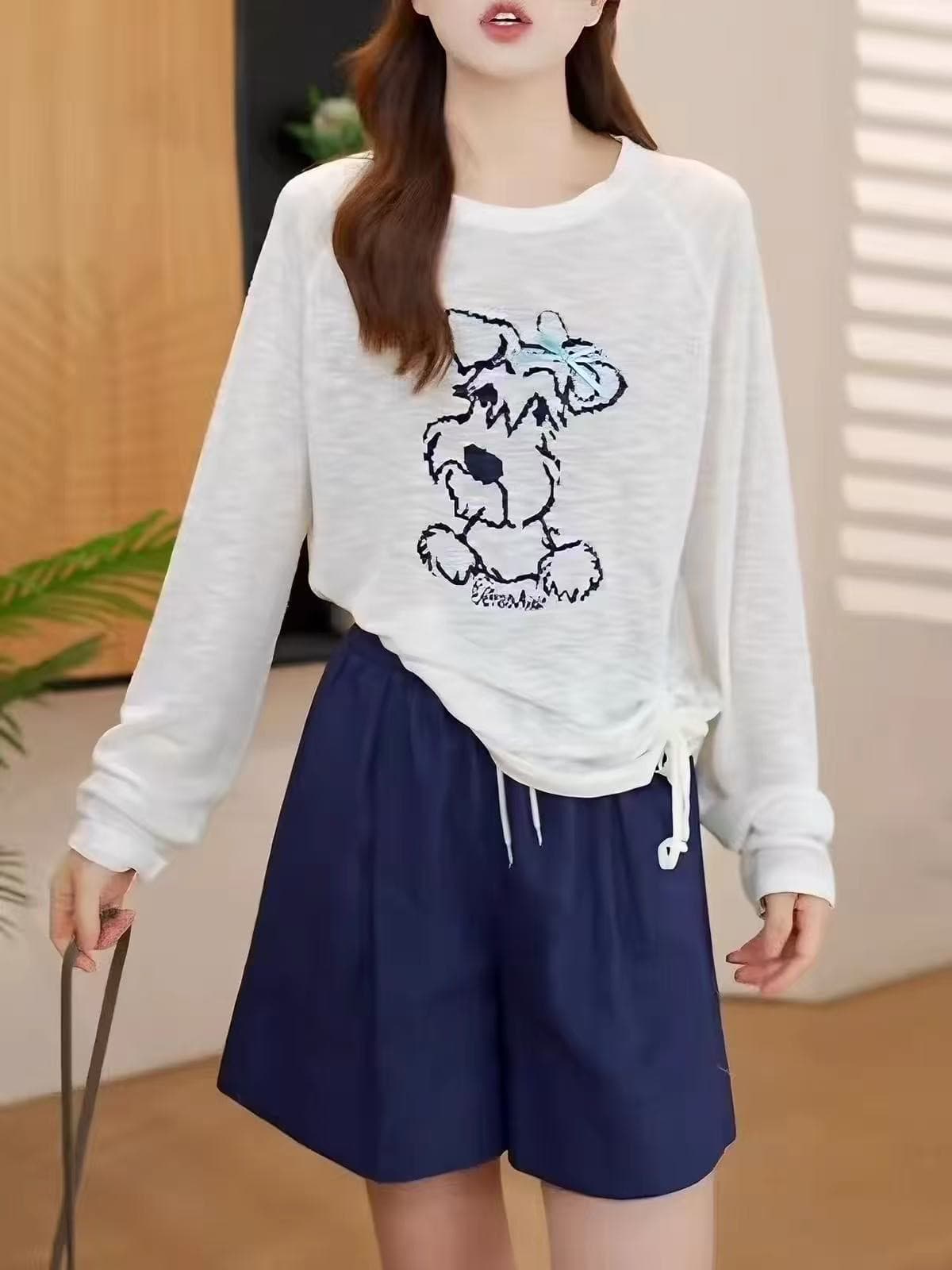 한국 스타일 강아지 프린트 긴팔 아마 얼음 실크 티셔츠 여성 봄 여름 화이트 측면 펌프 로프 루즈핏 니트 블라우스 자외선 차단 상세 이미지 1